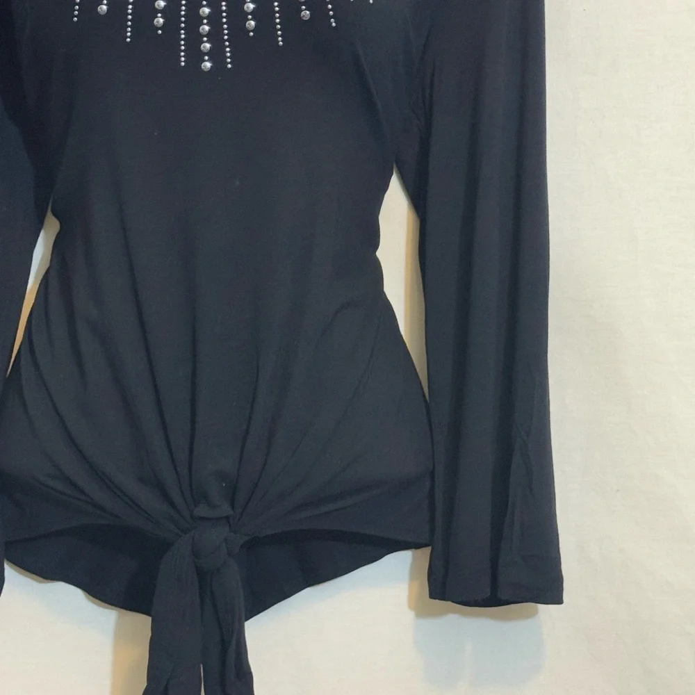 H-161 JM Collection Black Embellished Tie Front Long Sleeve Pullover Blouse‎ - Picture 3 of 14